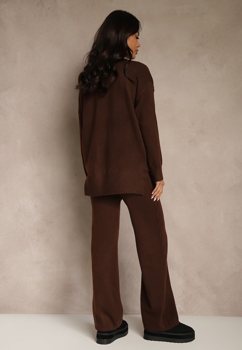 Brązowy Dzianinowy Komplet z Wełną w Warkoczowy Splot Spodnie i Sweter Reinette