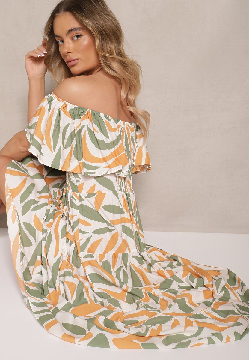 Ciemnozielona Rozkloszowana Sukienka z Wiskozy w Geometryczny Wzór Anisoria