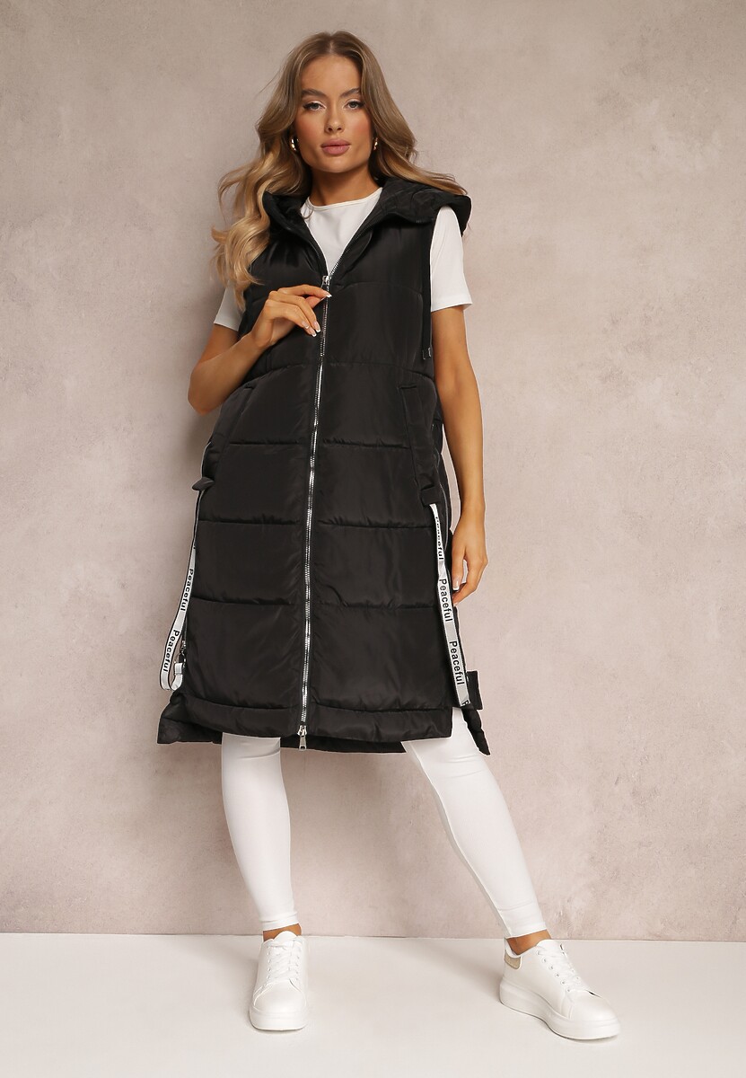 Czarna Kamizelka Pikowana Długa z Kapturem Voko