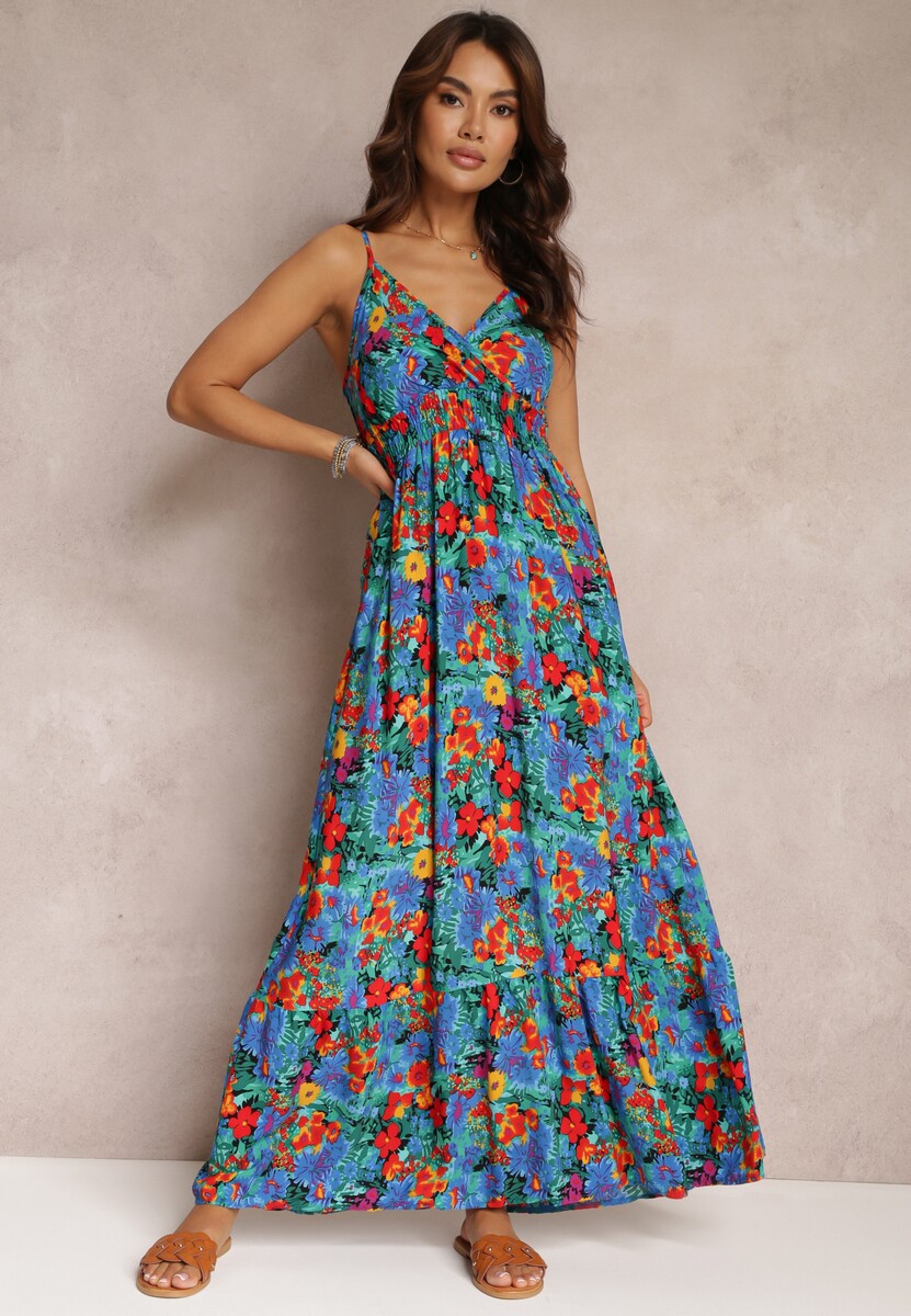 Żółto-Fuksjowa Rozkloszowana Sukienka z Wiskozy w Kwiaty Eurena