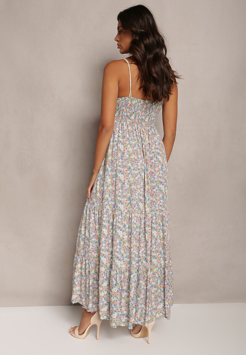 Niebiesko-Zielona Maxi Wiskozowa Sukienka o Rozkloszowanym Fasonie w Kwiaty Ozdobiona Szydełkowym Wzorem Damrea