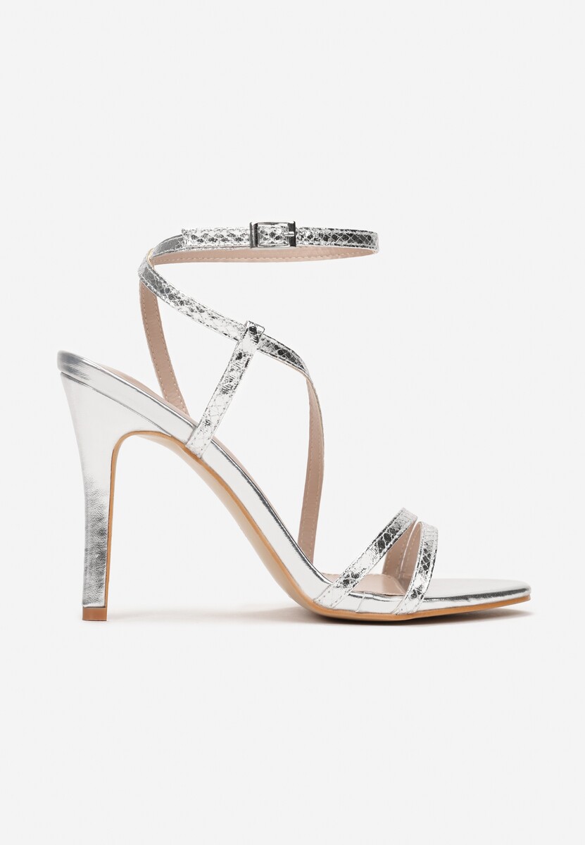 Srebrne Metaliczne Sandały na Szpilce z Cienkimi Paskami z Ozdobnym Tłoczeniem Stacia