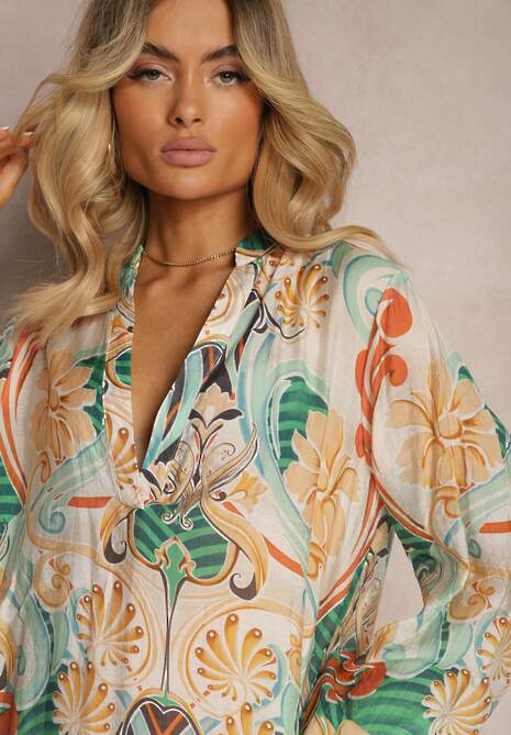 Beżowo-Zielona Sukienka o Rozkloszowanym Kroju z Długim Rękawem i Falbanką Dollati