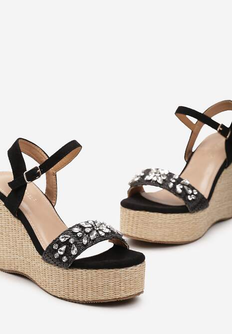 Czarne Sandały na Koturnie i Platformie z Plecionki z Cyrkoniami i Sprzączką Ridala