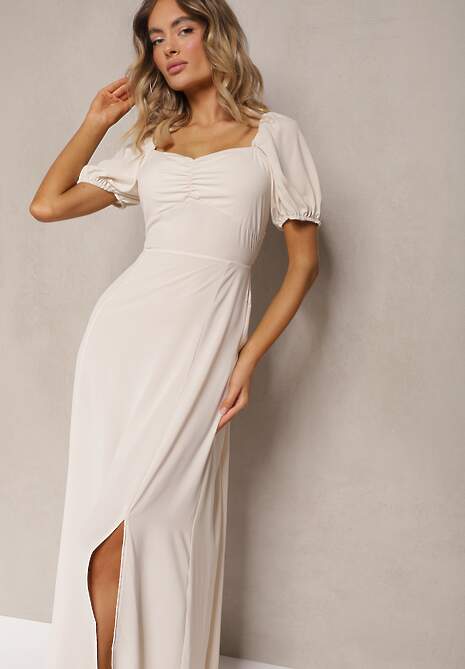 Beżowa Sukienka Wieczorowa z Hiszpańskim Dekoltem i Rozcięciem Vikiya