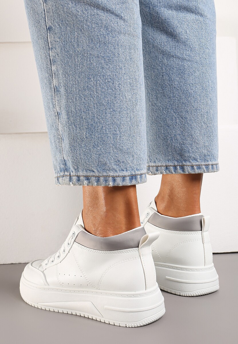 Biało-Szare Sneakersy z Cholewką za Kostkę i Perforacją Alinetapia