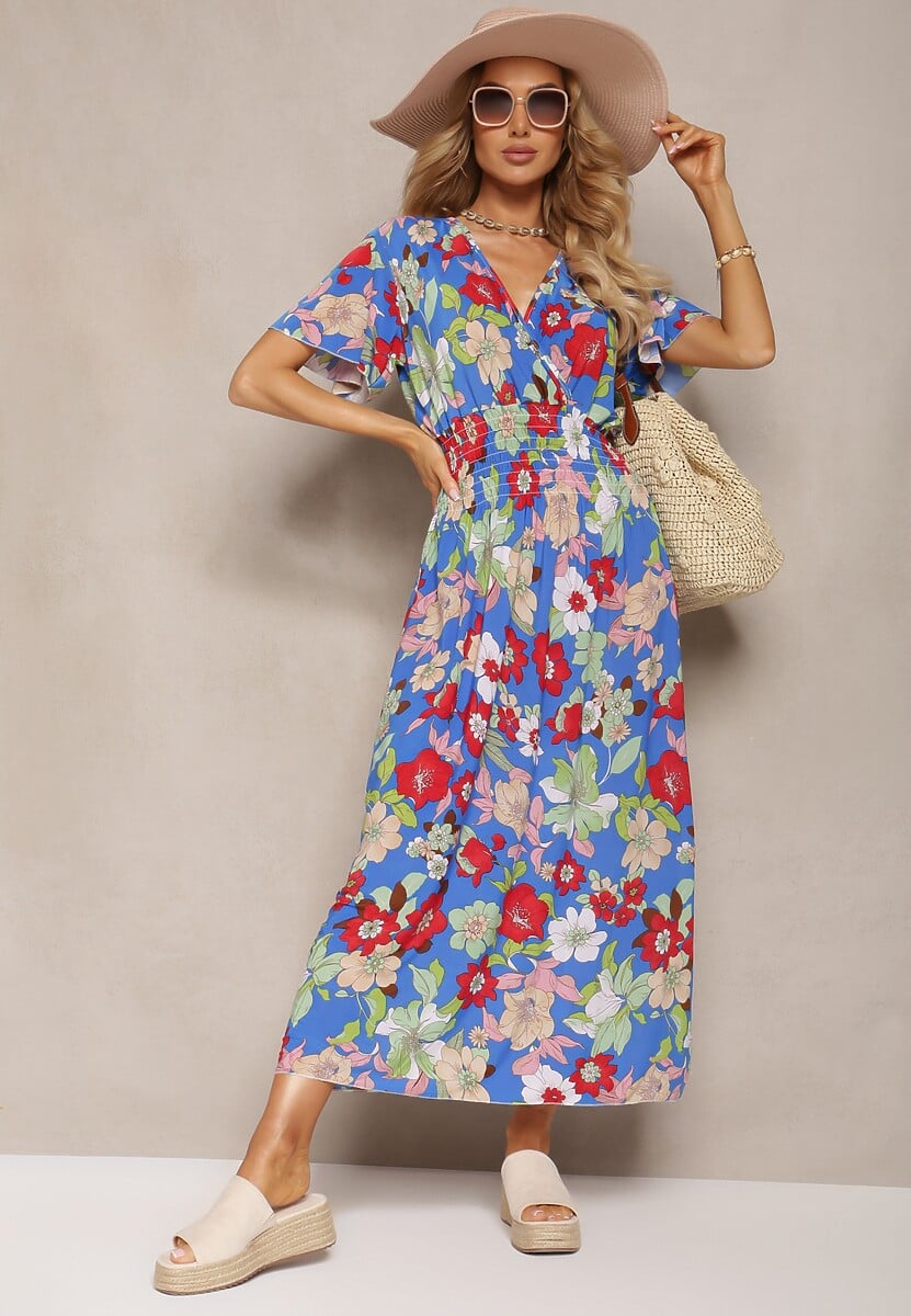 Niebiesko-Czerwona Sukienka z Gumką w Talii z Trójkątnym Dekoltem w Kwiatowy Wzór Nellvia