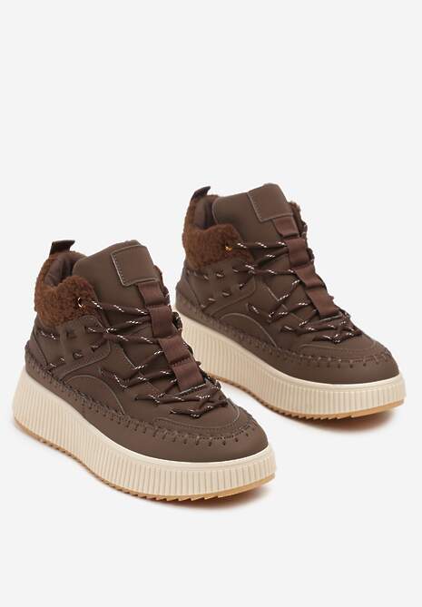 Brązowe Śniegowce Traperki Vices na Platformie z Tłoczeniem Ozdobione Przeszyciami Lerriva