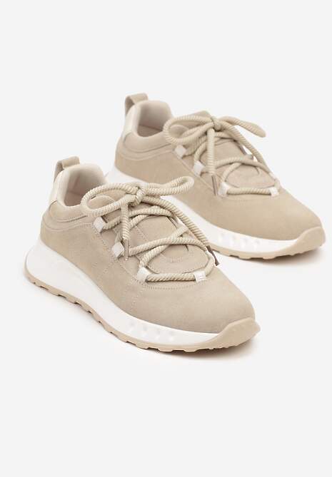 Beżowe Zamszowe Sneakersy z Wkładką ze Skóry Naturalnej Dolavienne
