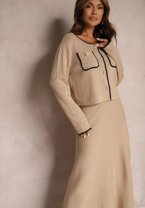 Beżowy Wiskozowy Komplet Rozkloszowana Spódnica z Gumką w Pasie i Rozpinany Kardigan Veriiana