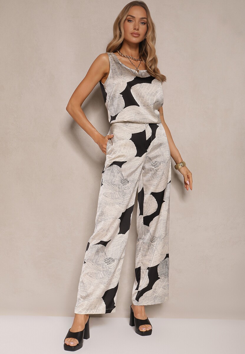 Beżowa Marynarka Satynowa Narzutka z Wiskozą w Kwiaty Ozdobiona Wiązaniem Halannia