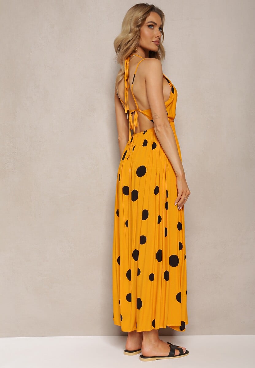 Żółta Wiskozowa Sukienka z Gumką w Pasie i Wiązaniem na Szyi i Plecach Kamaries