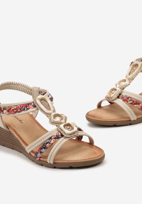 Beżowe Wsuwane Sandały z Cyrkoniami na Koturnie Eredia