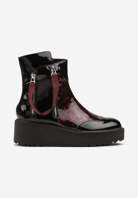Czarno-Czerwone Botki Lakierowane Vices na Koturnie i Platformie Ozdobione Suwakiem Gattie