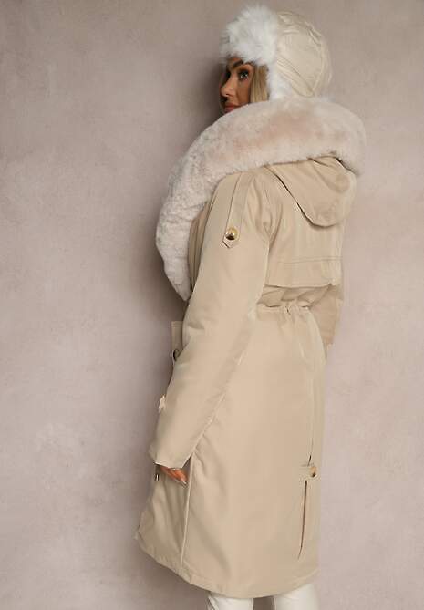 Jasnobeżowa Ocieplana Kurtka Parka z Kapturem i Ściągaczem w Pasie Semilaura