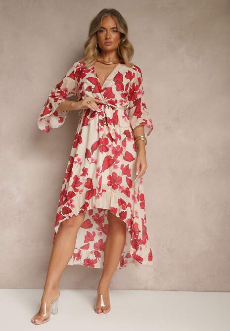 Czerwona Asymetryczna Sukienka z Bawełny z Kopertowym Dekoltem i Wiązanym Paskiem Nitilira