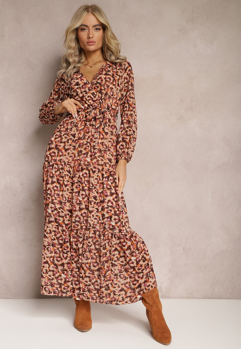 Pomarańczowa Sukienka z Kopertowym Dekoltem w Cętki Irdra