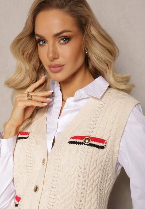 Beżowa Kamizelka z Grubo Plecionej Dzianiny Zapinana na Guziki Meliania