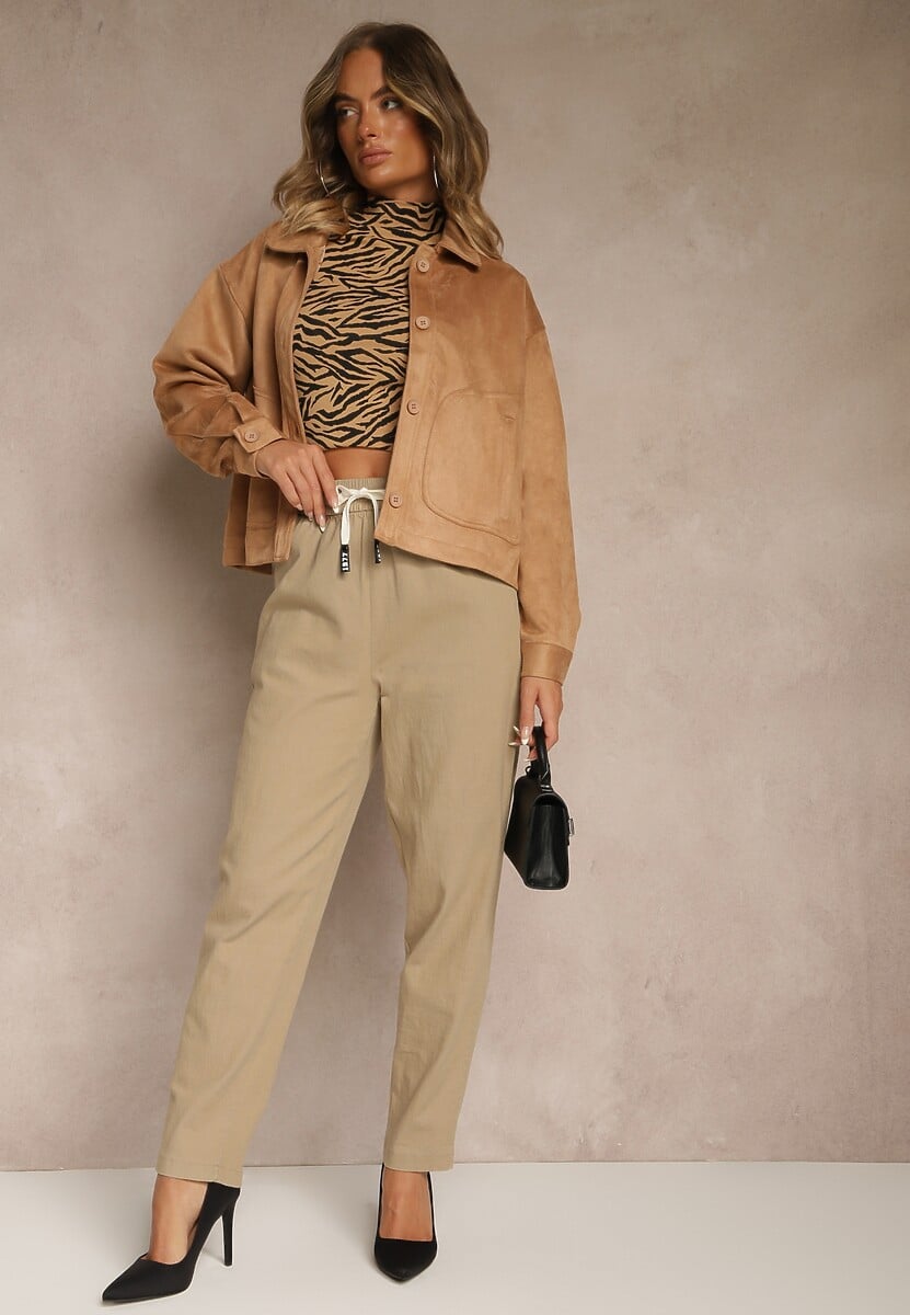 Beżowe Spodnie z Bawełny Mom Fit Ozdobione Sznurkiem Apinella