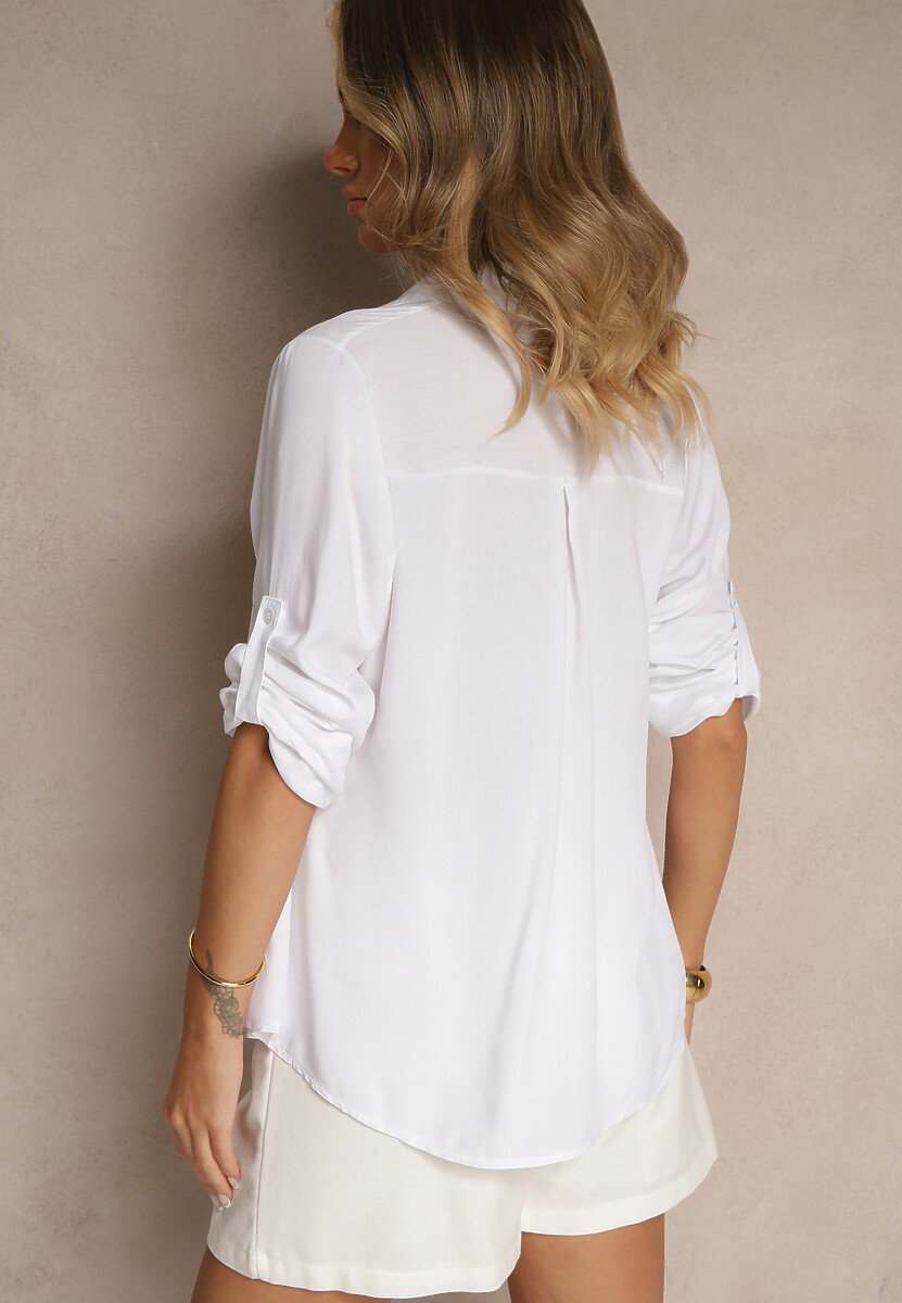 Biała Koszula z Wiskozy z Guzikami i Długimi Rękawami z Możliwością Podpięcia Memona