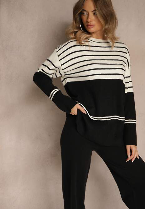 Czarny Komplet z Dzianiny z Wełną Pasiasty Sweter i Spodnie Ralleia