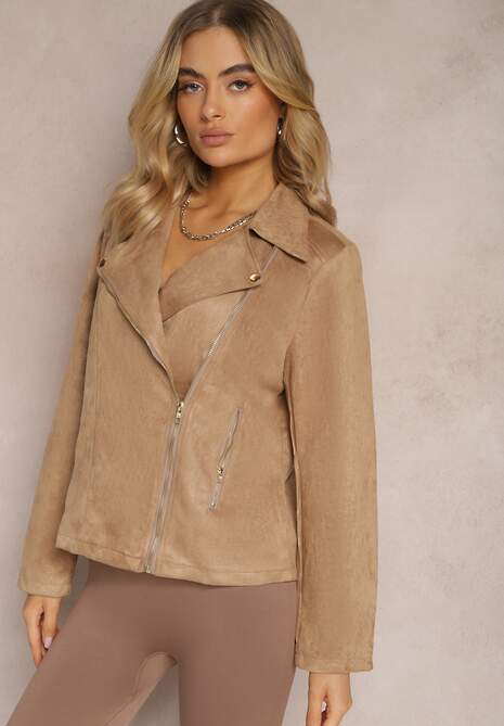 Brązowa Asymetryczna Kurtka Ramoneska  z Imitacji Zamszu Kmiya