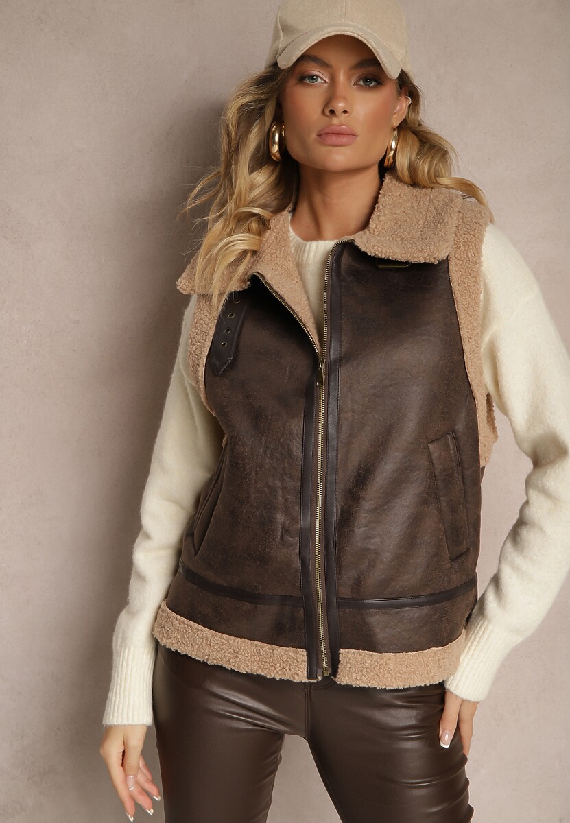 Beżowa Kamizelka Ozdobiona Wstawkami z Futerka Reaelia