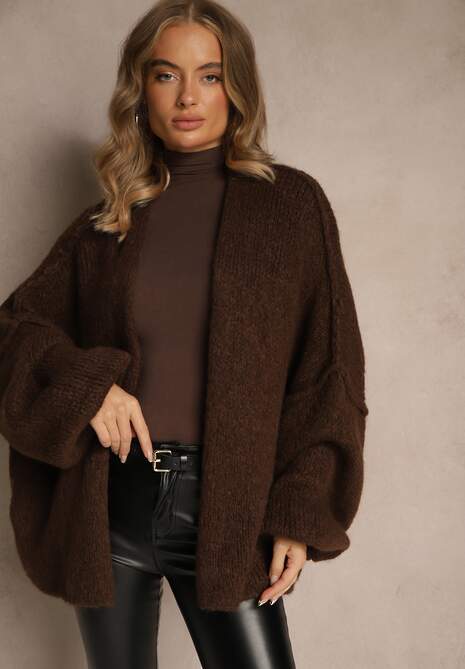 Brązowy Niezapinany Kardigan Nietoperzowy z Dodatkiem Wełny i Wiskozy Rallidia