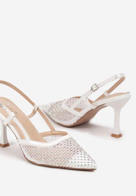 Białe Sandały na Szpilce z Odkrytą Piętą Siateczką i Cyrkoniami Arilen