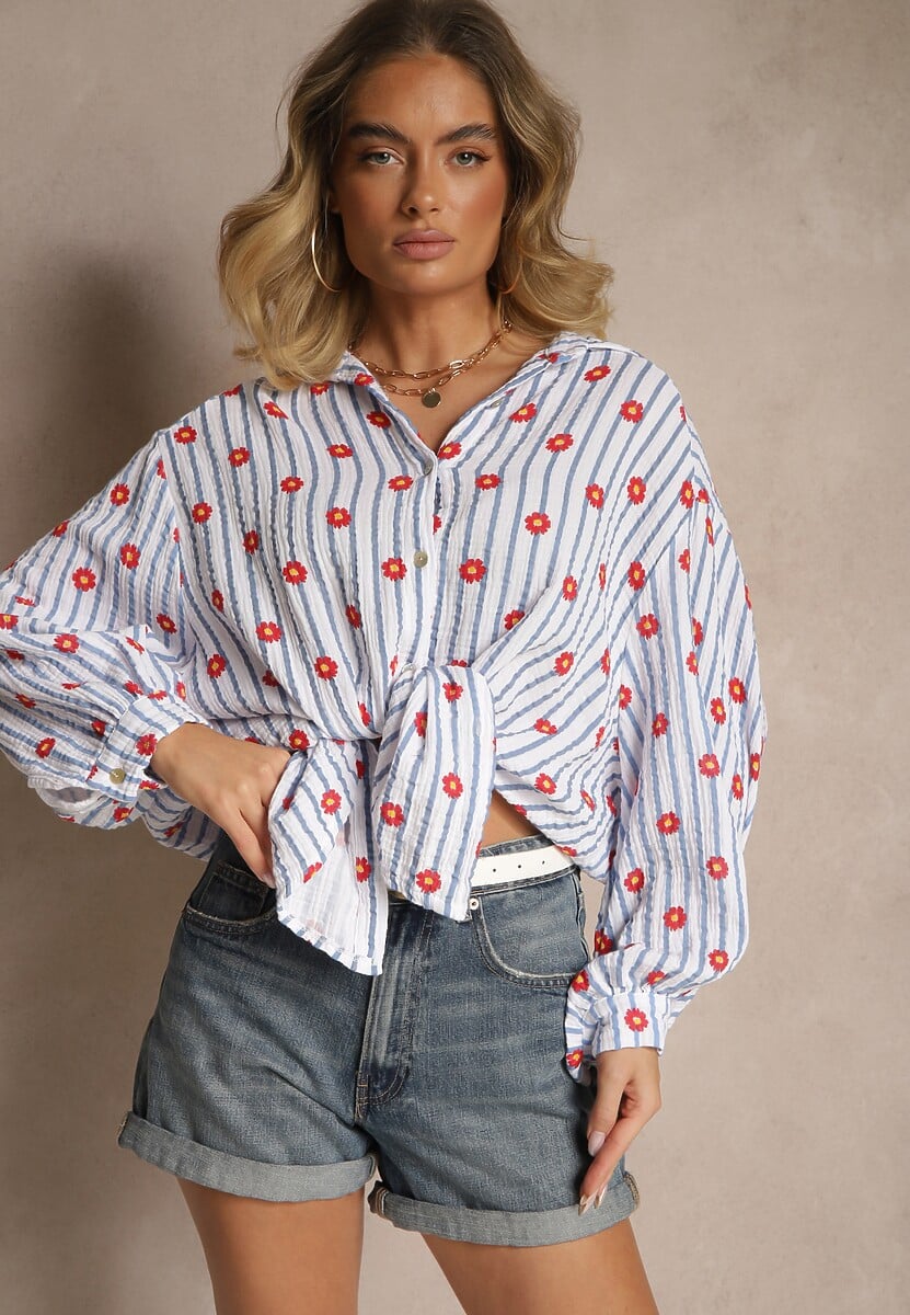 Niebieska Koszula z Bawełny ze Wzorem Pasków i Kwiatów Naphera