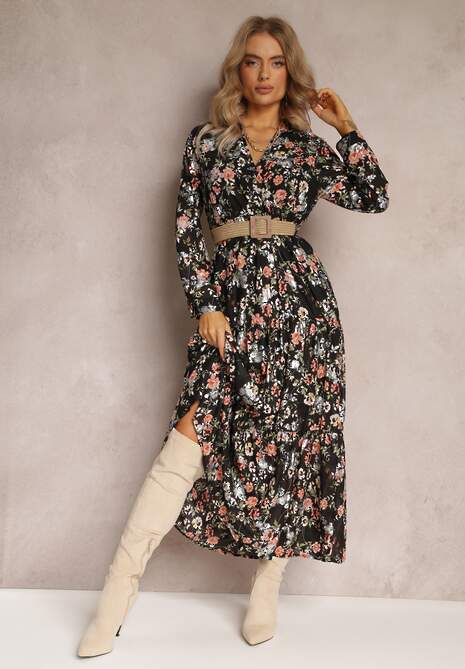 Czarna Sukienka Maxi z Plecionym Paskiem i Gumką w Talii w Kwiaty Elanisa