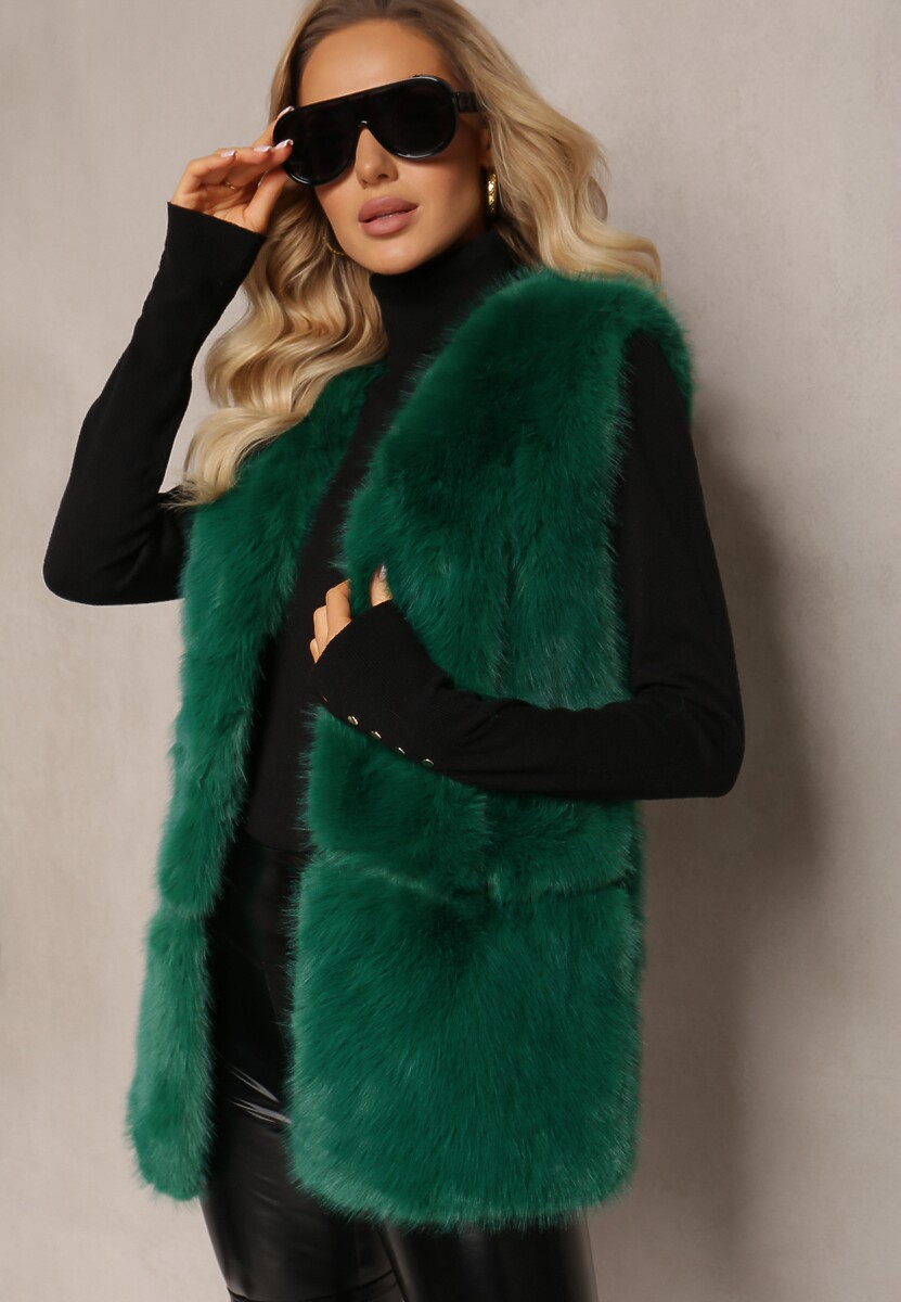 Niebieska Puchata Kamizelka z Futerka Ozdobiona Imitacją Skóry Tekllesa