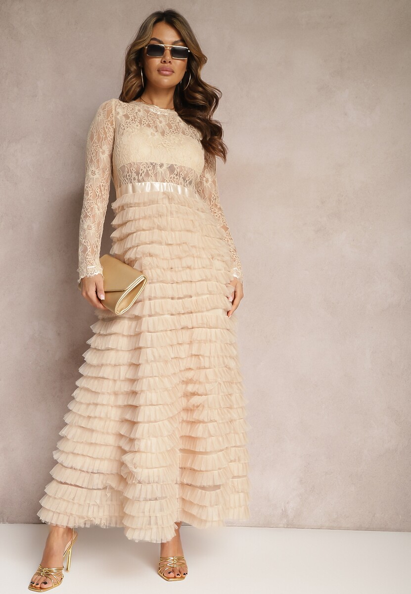 Jasnobeżowa Koronkowa Sukienka Maxi o Rozkloszowanym Kroju z Tiulowymi Falbankami Sivina