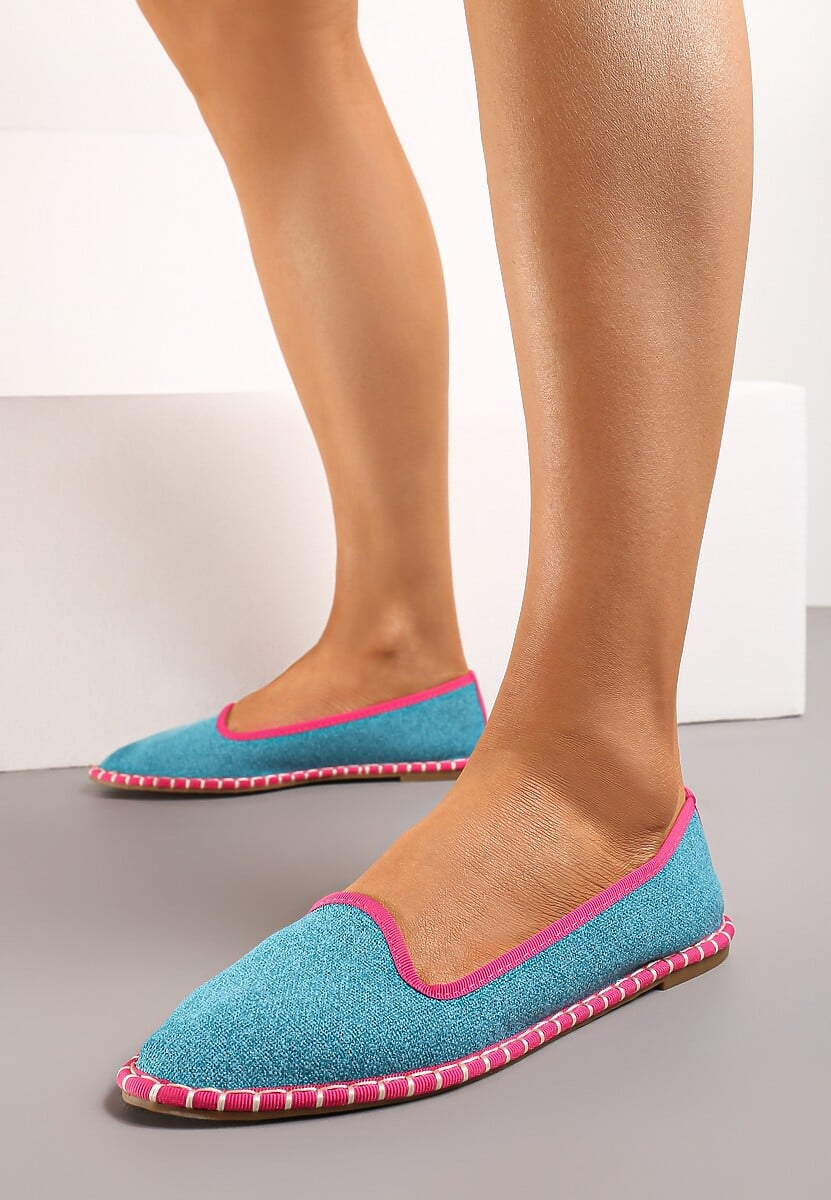 Niebiesko-Różowe Balerinki w Stylu Loafersów Udekorowane Przeszyciem przy Płaskiej Podeszwie Alicasea