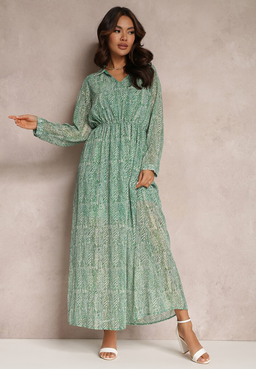 Ciemnozielona Rozkloszowana Sukienka z Metaliczną Nitką i Sznurkiem Vivlit