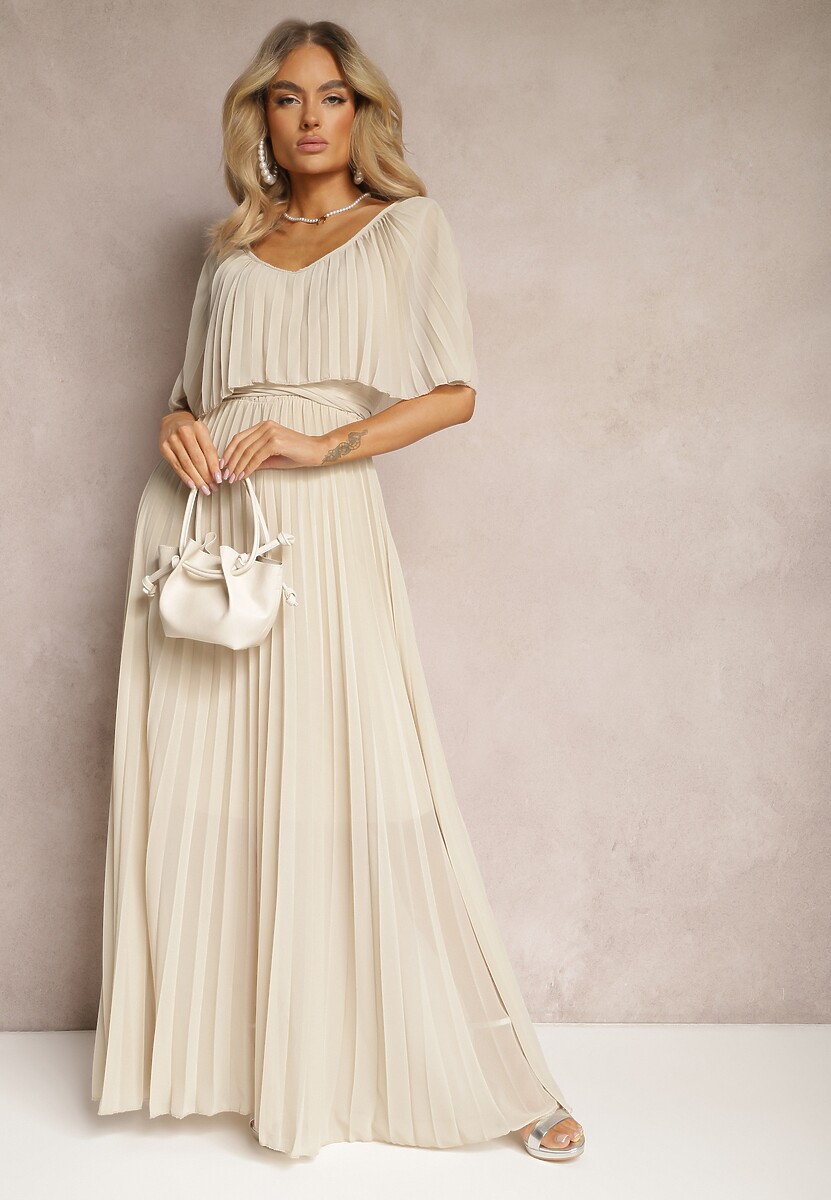 Różowa Plisowana Sukienka z Gumką w Pasie z Falbaną Przy Dekolcie Drenia