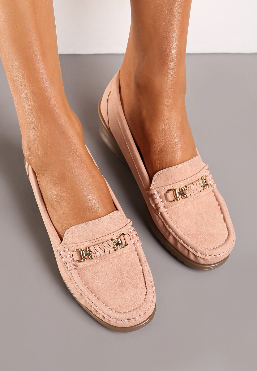 Różowe Półbuty z Ekoskóry z Koturnem i Metalicznym Detalem Fornal