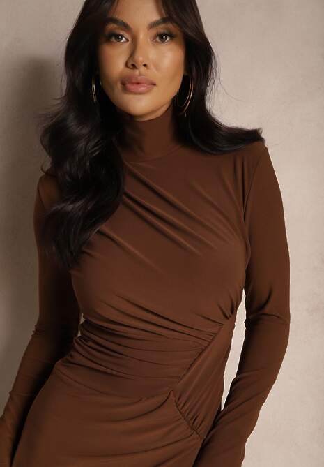 Brązowa Koktajlowa Sukienka Półgolf Ozdobiona Marszczeniami Emivelleth