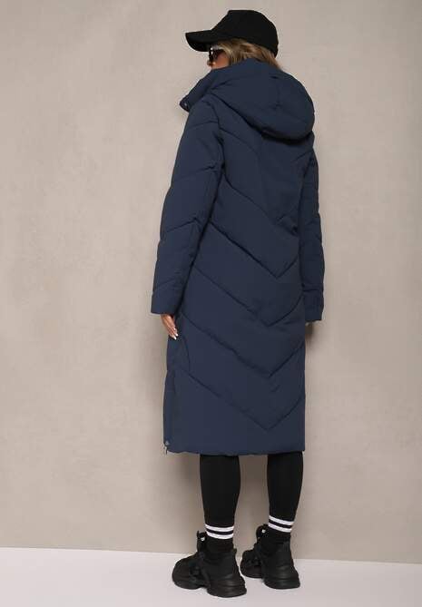 Granatowa Długa Kurtka Pikowana z Nieodpinanym Kapturem Nerindale