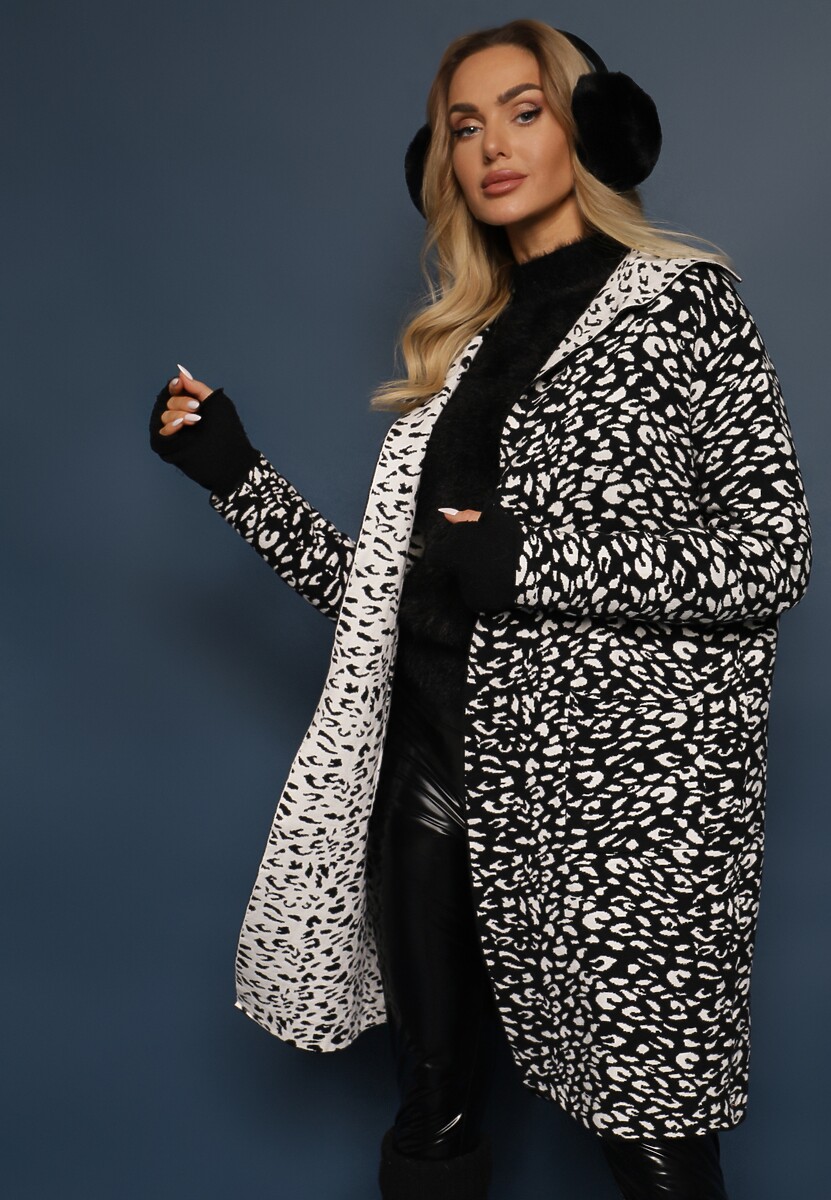 Czarno-Biały Niezapinany Kardigan z Kieszeniami w Panterkowy Print Riaverna