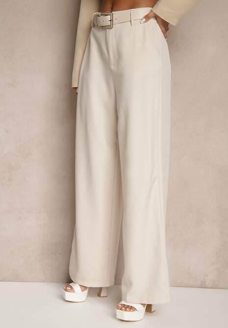 Jasnobeżowe Szerokie Spodnie Garniturowe z Wysokim Stanem i Paskiem z Klamrą Fevelira