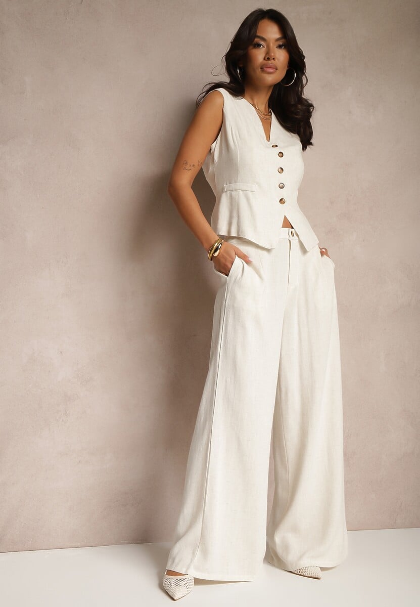 Beżowy Komplet z Bawełną i Lnem Szerokie Spodnie oraz Kamizelka Silvezina