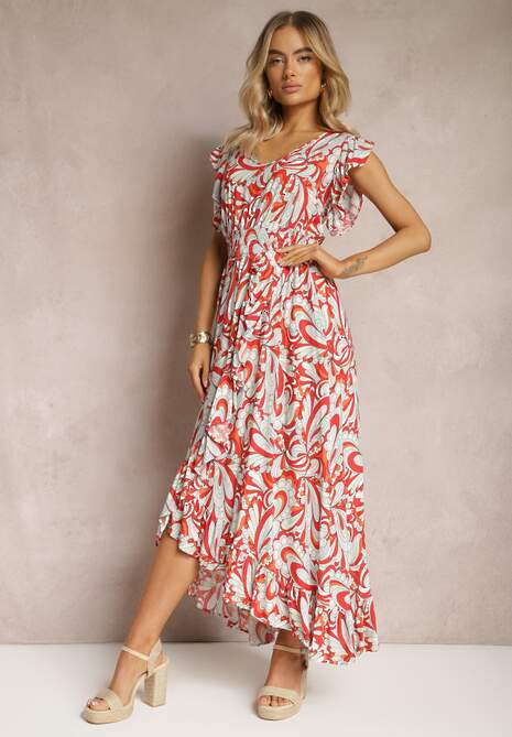 Brązowa Sukienka Boho z Gumką w Pasie i Asymetrycznym Dołem z Wiskozy Anorissa