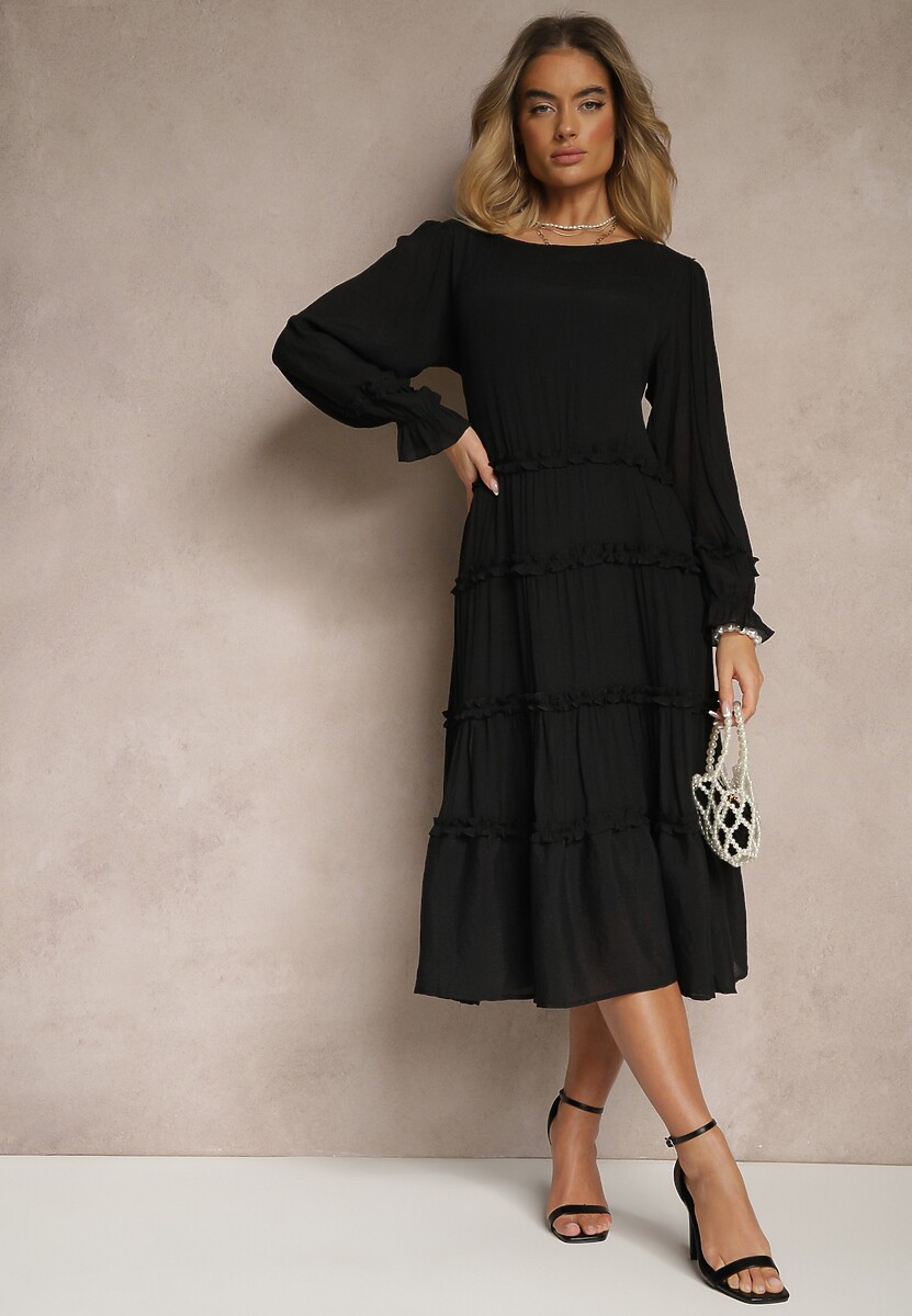Czarna Bawełniana Sukienka z Ozdobnymi Falbankami Eranisa