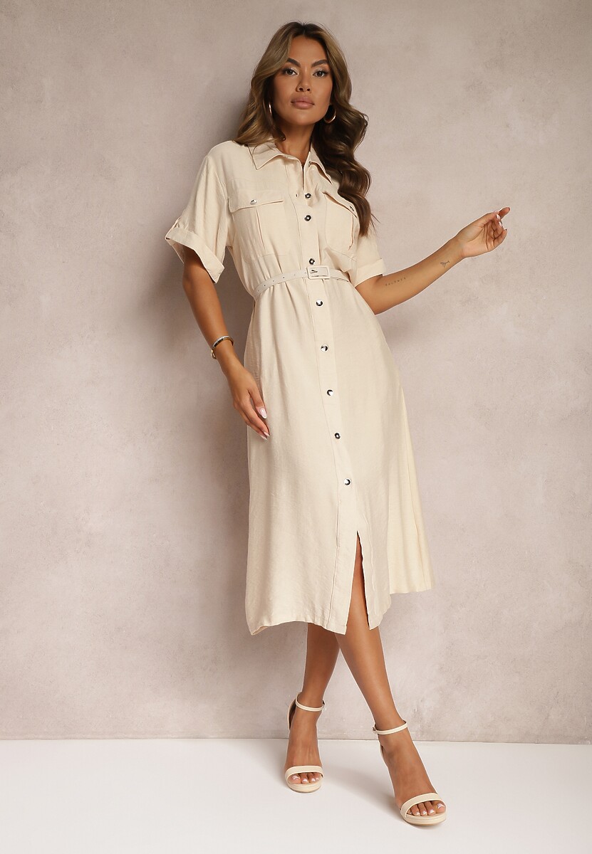 Beżowa Sukienka z Wiskozy o Kroju Koszulowym Ozdobiona Paskiem Nelsines