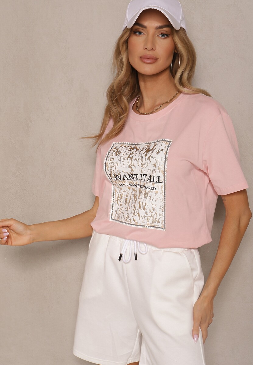 Różowy T-shirt z Bawełny z Nadrukiem Tellanis