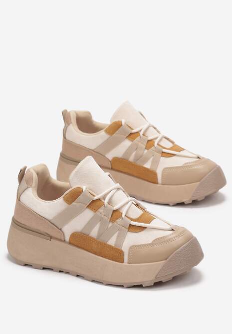 Ciemnobeżowe Sznurowane Płaskie Sneakersy z Kolorowymi Wstawkami z Ekoskóry Wonise