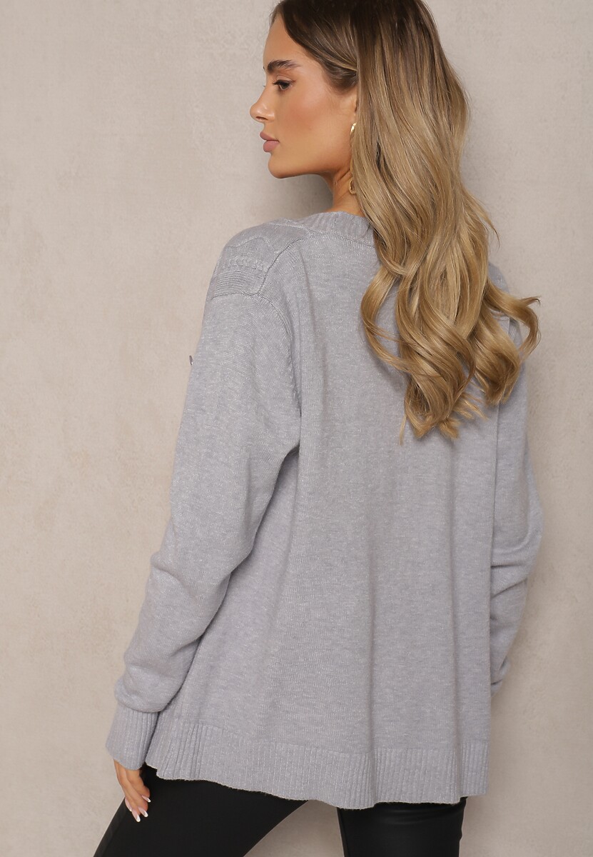 Szary Kardigan z Dodatkiem Bawełny Ozdobiony Tłoczeniami i Kieszeniami Mavalin