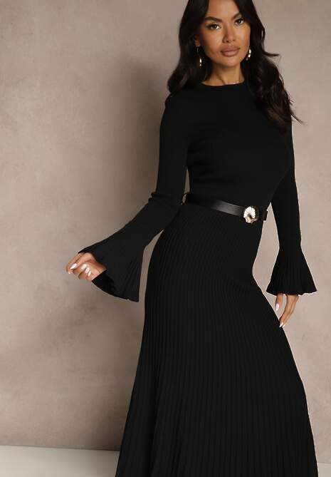 Czarna Sweterkowa Sukienka Longsleeve z Wiskozą z Paskiem z Klamerką Muszelką Retine