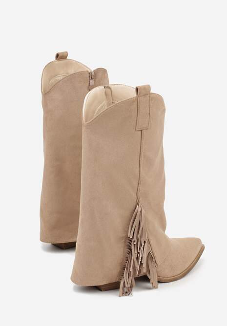 Ciemnobeżowe Botki Kowbojki na Stożku Ozdobione Frędzlami Reielle